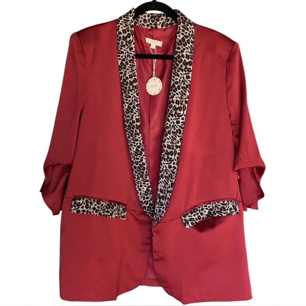 Oddi Plus Leopard Burgundy Red 3/4 Sleeve Blazer 1XL